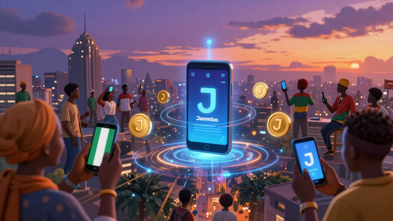 A futuristic DEX interface above an African city, with users connected via Jambo phones and glowing J tokens.