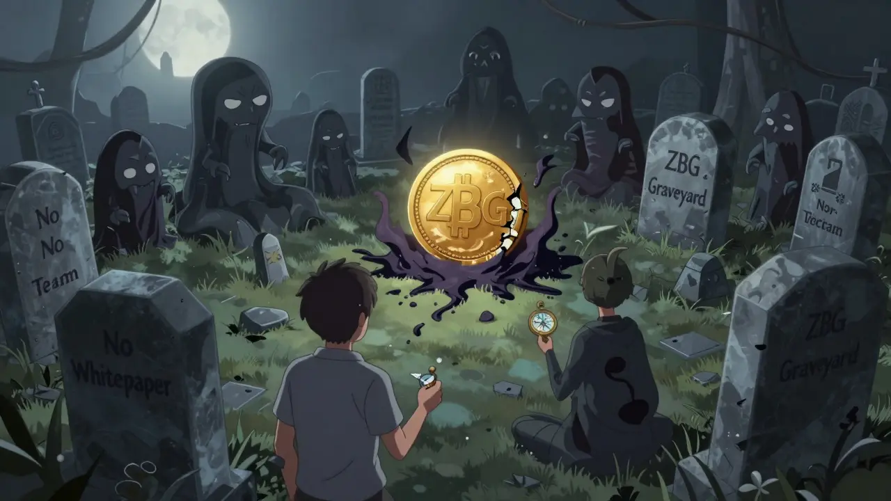 A graveyard of worthless tokens looms as a trader turns away from ZBG toward regulated exchanges in anime style.