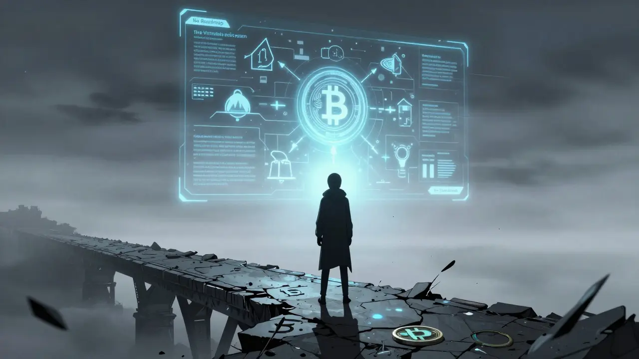 A lone figure holds a faintly glowing VIRTU token on a crumbling bridge, while the Virtuals ecosystem fades into pixels behind them.