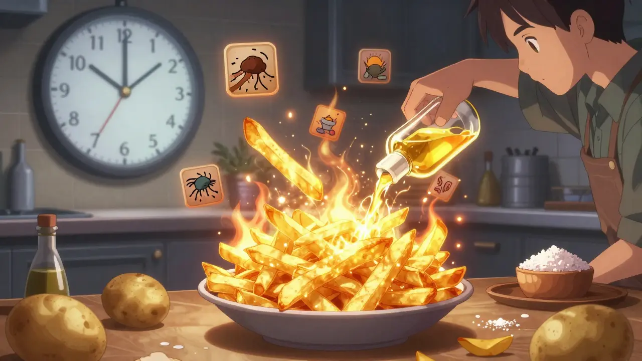 A player cooking a dish as ingredients burn away, with environmental events like drought and heatwaves looming in the background.