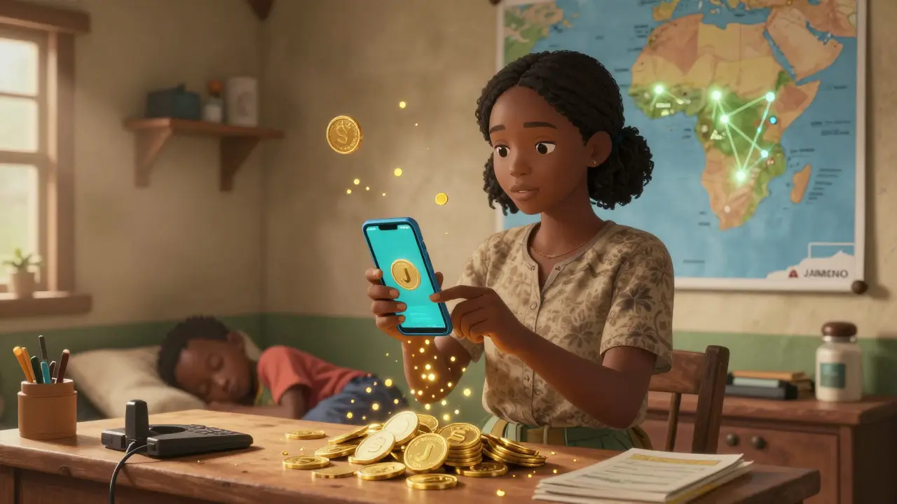 A small business owner in Kenya staking J tokens on her Jambo phone, with rewards floating around her.