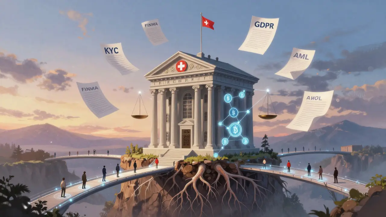 A Swiss bank building rooted in blockchain and regulation, with global users connecting via glowing bridges under a sky of legal documents.
