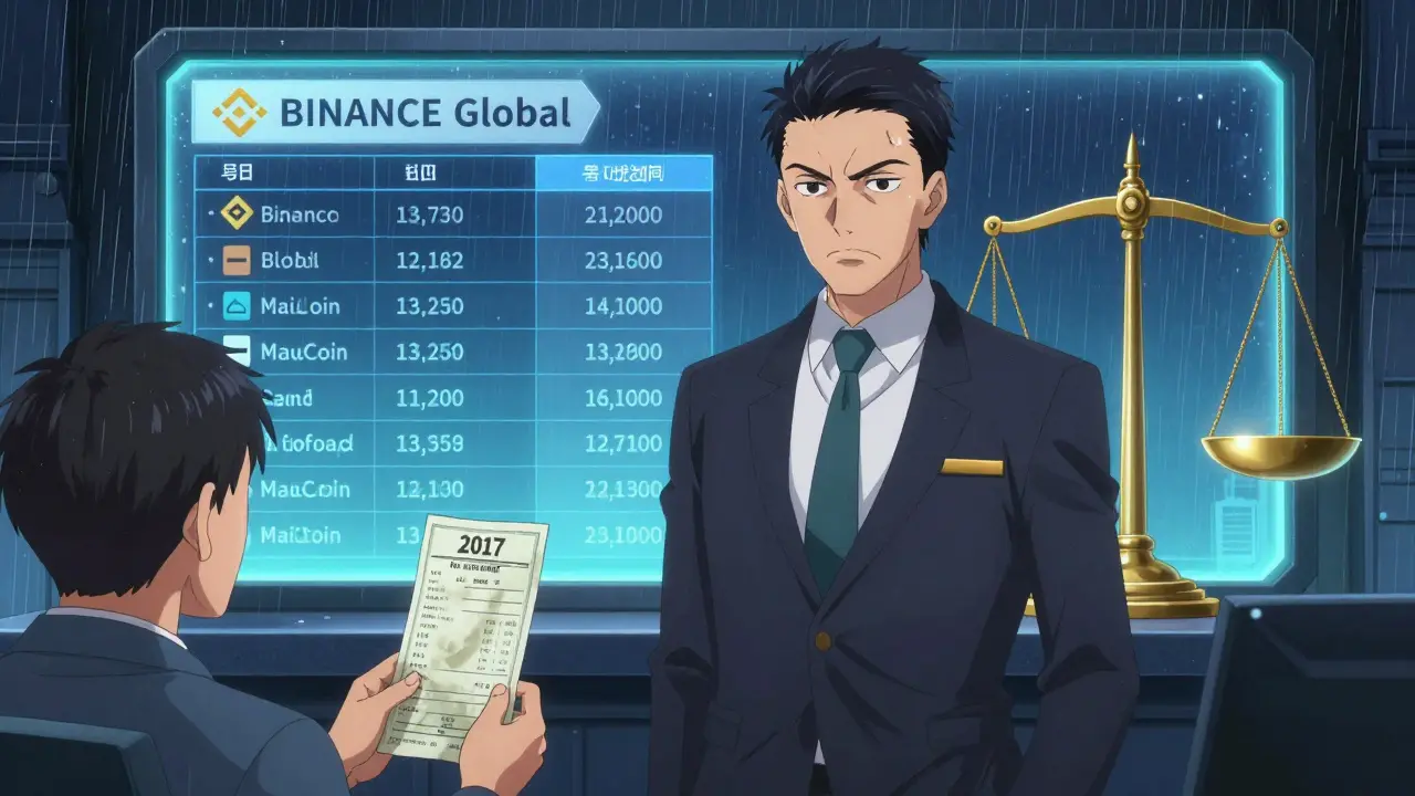 A tax auditor and trader in a courtroom with blockchain data displayed, holding a faded 2017 receipt.