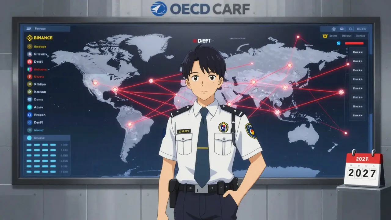 A tax officer monitors global crypto data flows with glowing connections to Korean wallets.