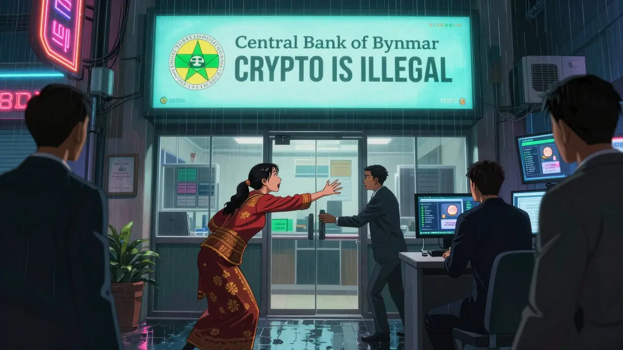 A woman begs at a bank door as a teller closes it, while a digital billboard proclaims 'CRYPTO IS ILLEGAL'.