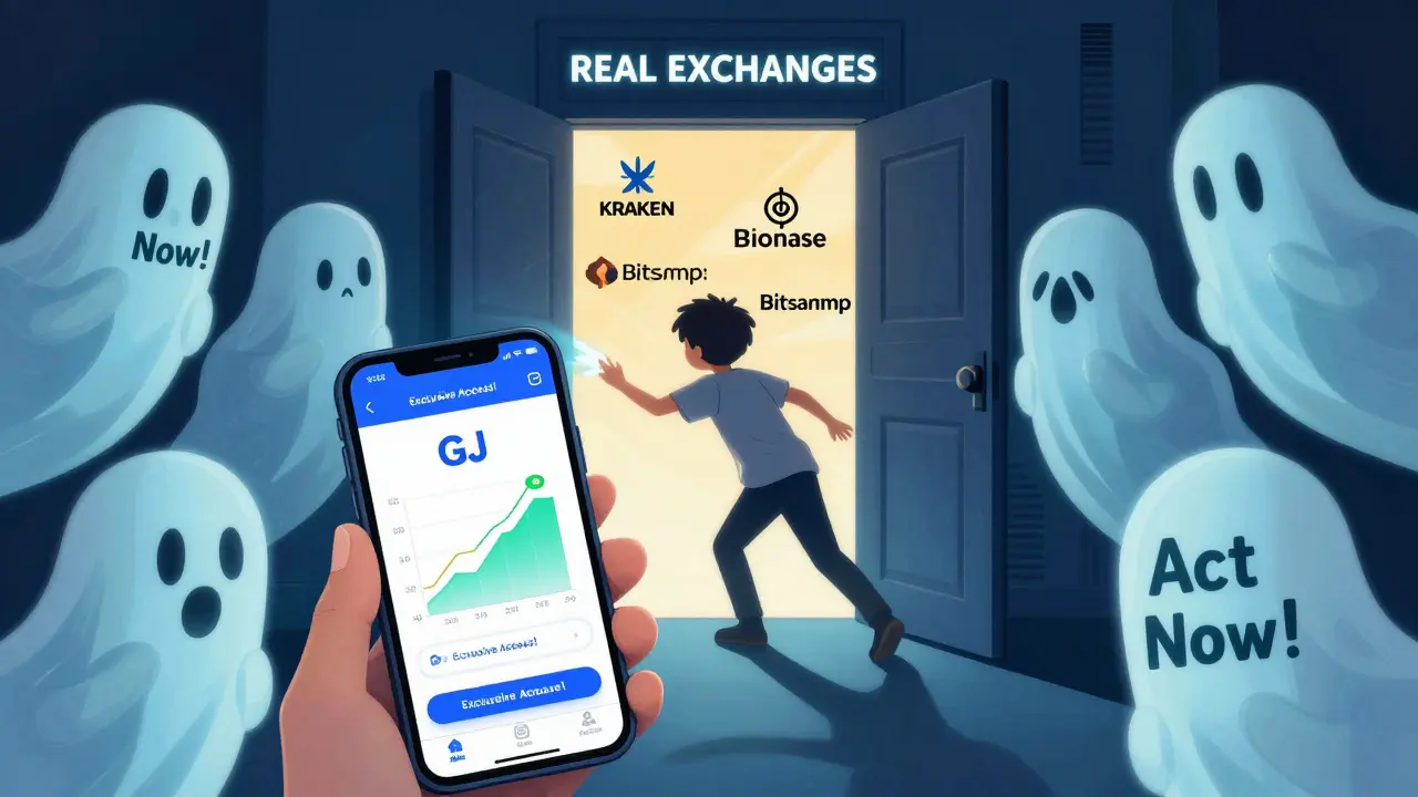 A young person being lured by ghostly whispers toward a fake crypto app while real exchanges glow safely behind.