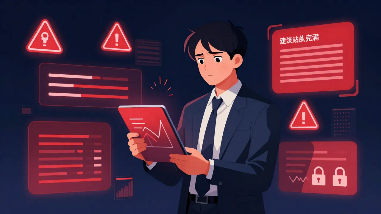 Analyst surrounded by red warning icons representing financial compliance risks.
