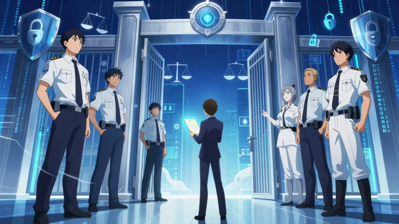 Anime business character facing digital regulatory authority gates