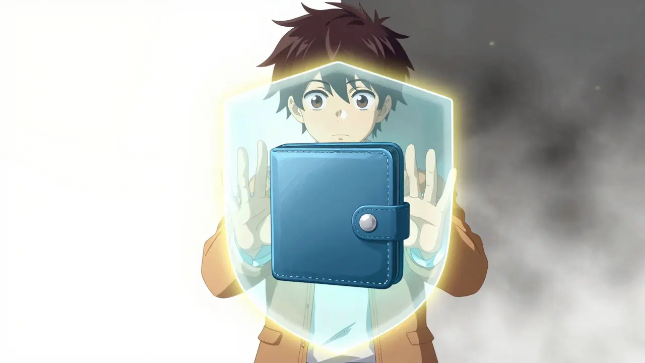 Anime character securing digital wallet with protective shield