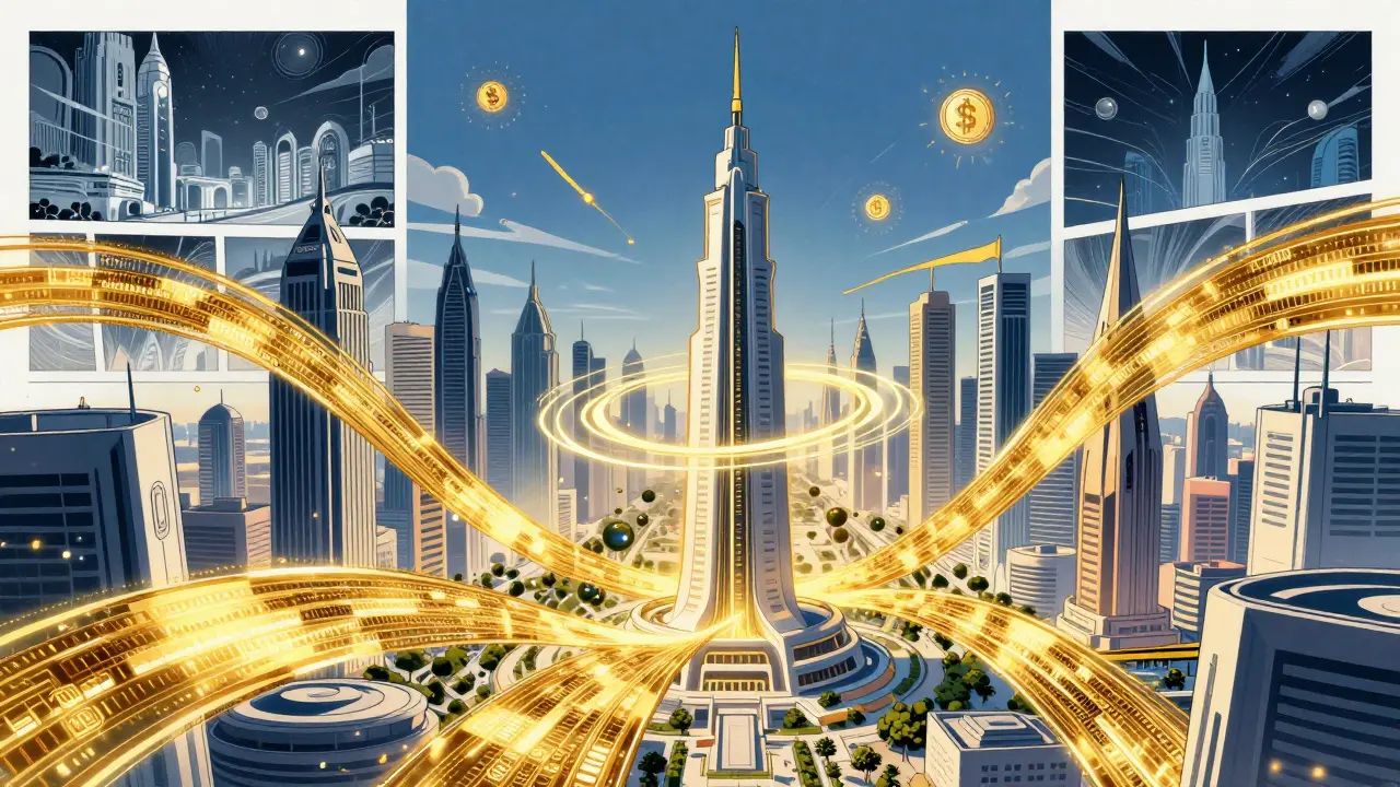 Anime future cityscape with digital dirham data streams