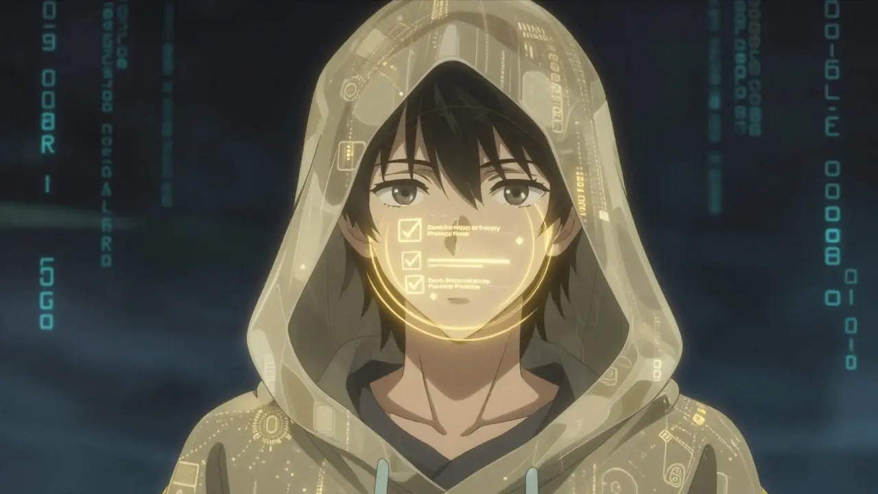 Cloaked figure projecting anonymous identity verification hologram.