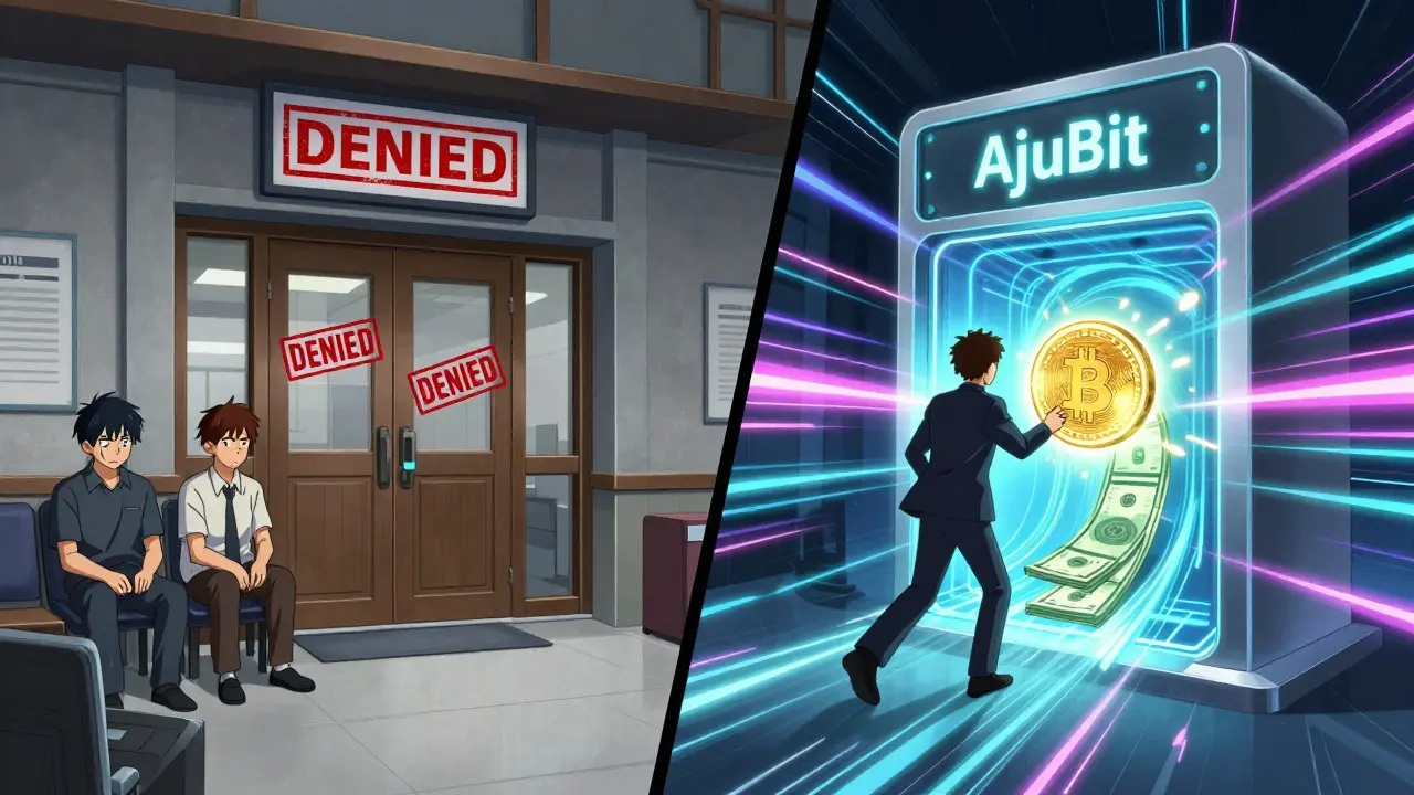 Contrast between a blocked bank and AjuBit's fast crypto-to-fiat portal, shown in vibrant anime style with motion and contrast.