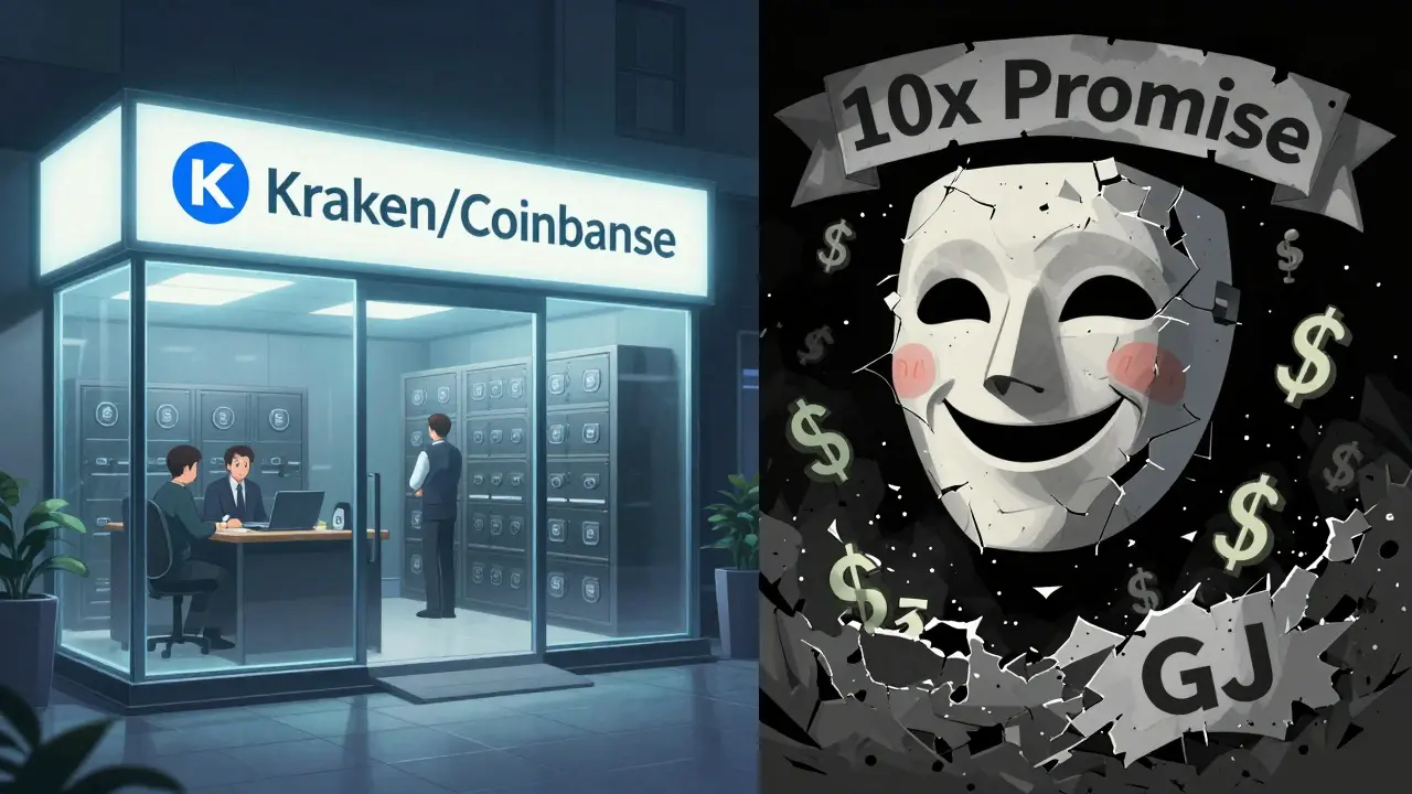 Contrasting a transparent, regulated crypto exchange with a crumbling fake one hiding a void of scams.