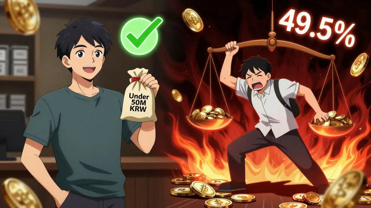 Contrasting scenes of a relaxed small investor and a stressed DeFi user facing high crypto taxes.