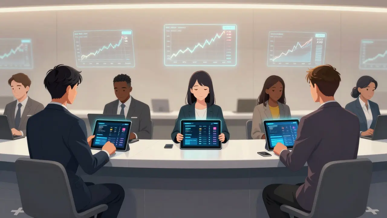 Diverse clients at a Zurich bank counter receiving digital crypto portfolios with real-time staking and governance data on holographic tablets.