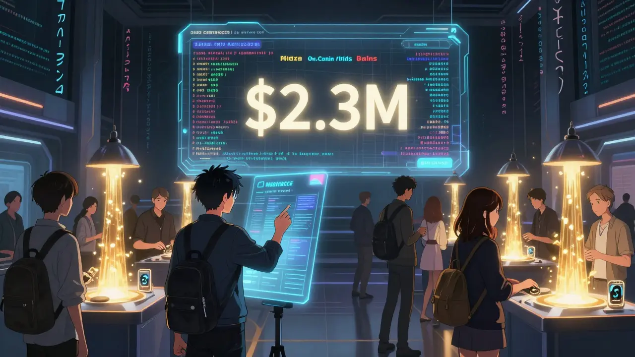 Diverse creators staking AUCTION tokens in a futuristic Web3 auction hall with real-time bid visuals.