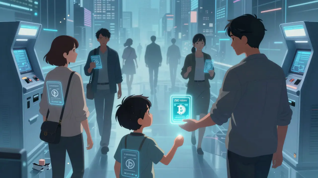 Diverse users walking through a digital city with transparent ID passports, symbolizing seamless crypto KYC by 2027.