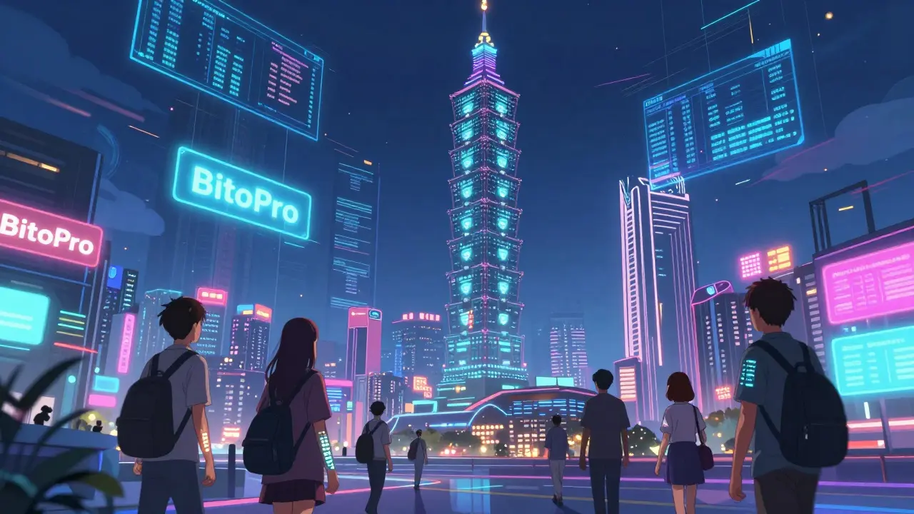Futuristic Taipei skyline with digital tax reports uploading from wallets to a central server tower.