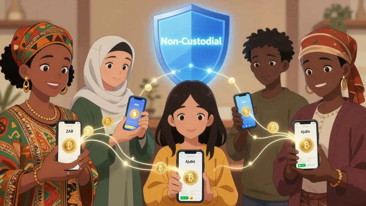 Global users send crypto through AjuBit, turning it into local currencies like ZAR, AED, and KES, protected by a glowing non-custodial shield.