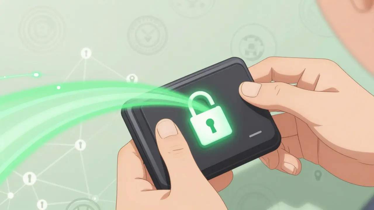 Hands hold glowing secure digital wallet with green safety lights.