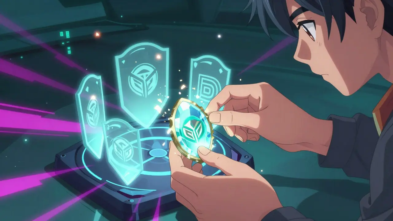 Hands inserting crypto token into glowing validator node.