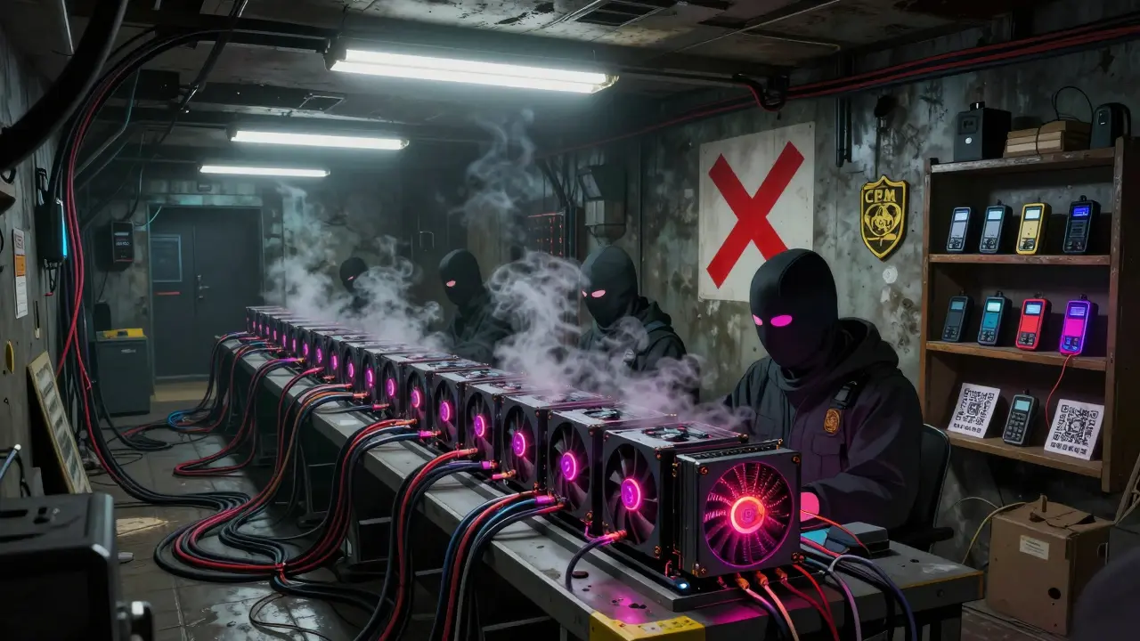 Hidden underground Bitcoin miners work in a dim basement with overheating rigs and stolen power lines.
