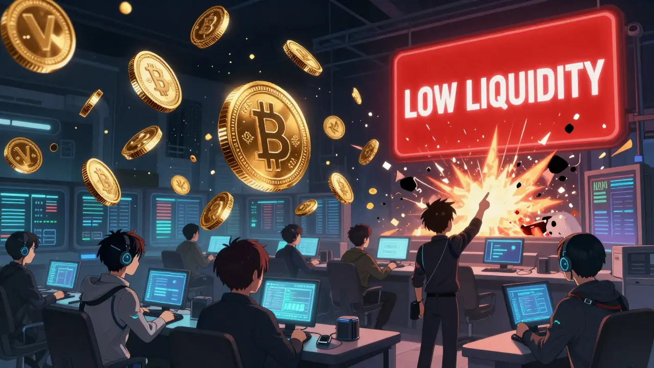 Holographic VIRTU coins explode and shatter in a chaotic trading floor as traders react to a 'LOW LIQUIDITY' warning.