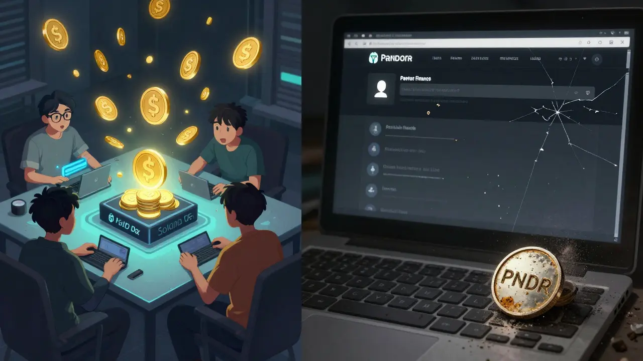 Left: active crypto community earning real rewards. Right: abandoned Pandora Finance site in decay.