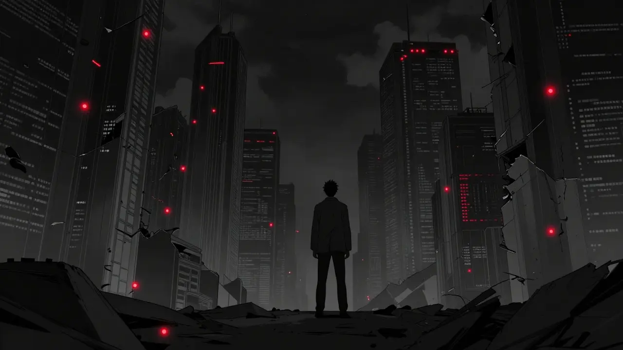 Lone anime figure facing unstable digital security structure