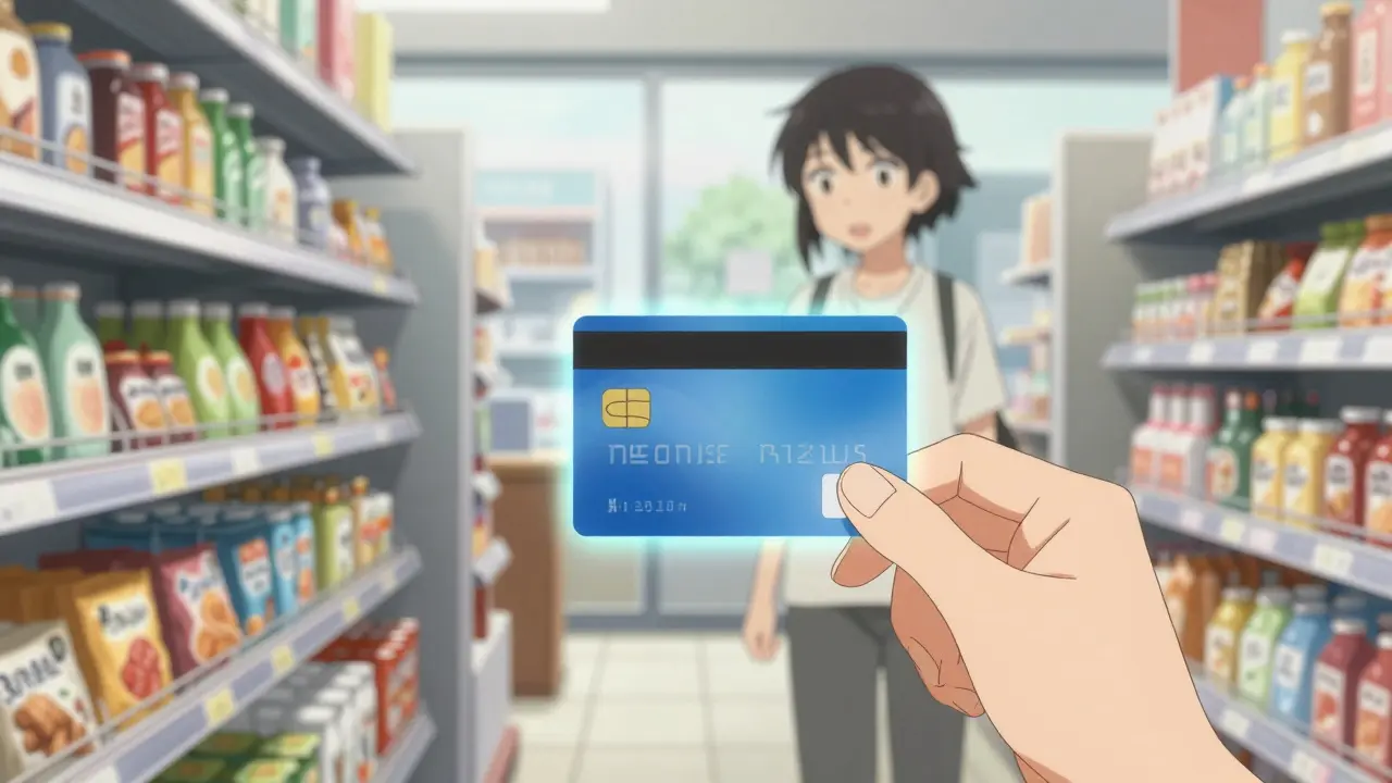 Person paying with prepaid card at modern shop counter.