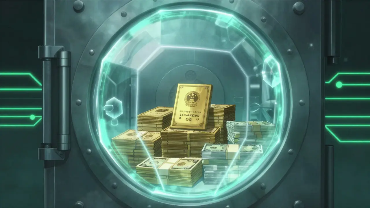 Secure digital vault protecting government bonds and bank deposits.