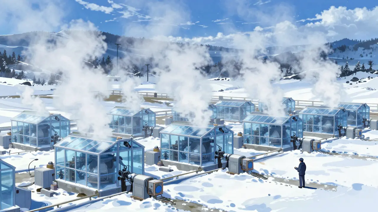 Snowy landscape with geothermal energy powering outdoor mining hardware.