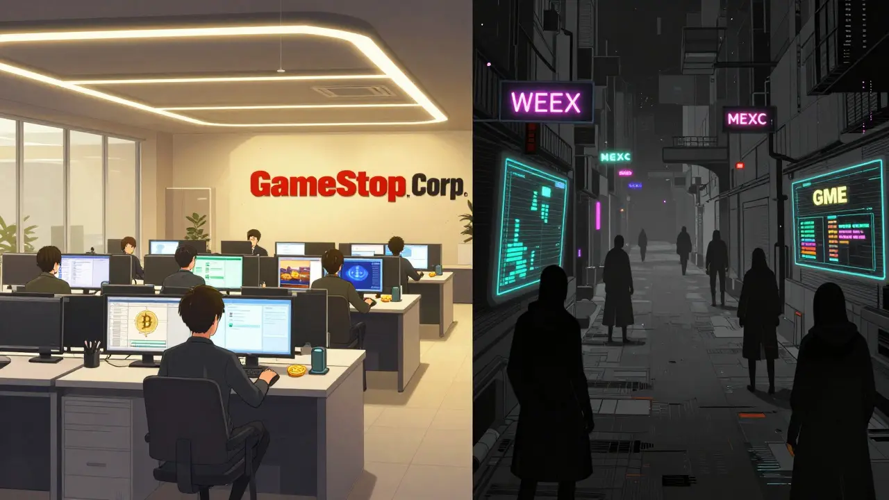 Two contrasting anime scenes: a bright GameStop office with Bitcoin monitors on one side, and a glitchy alley trading GME coins on the other.