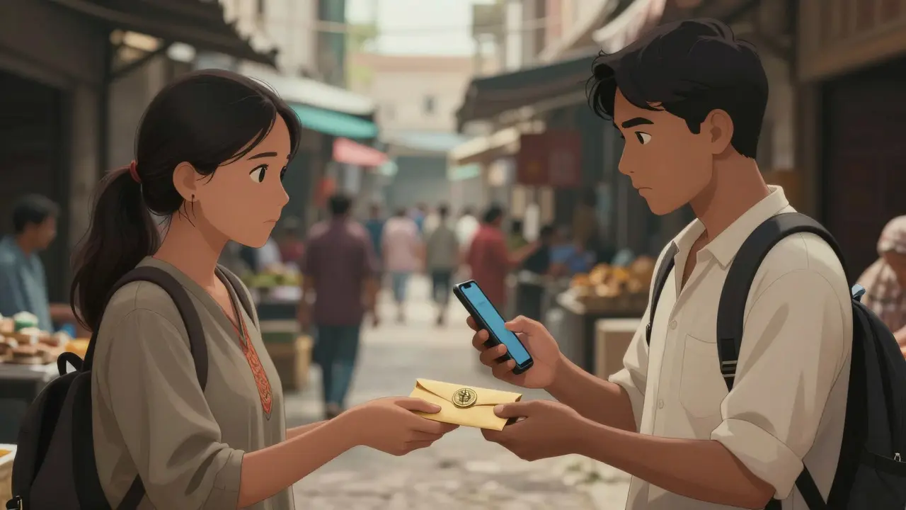 Two people exchanging cash and phones in a busy marketplace setting.