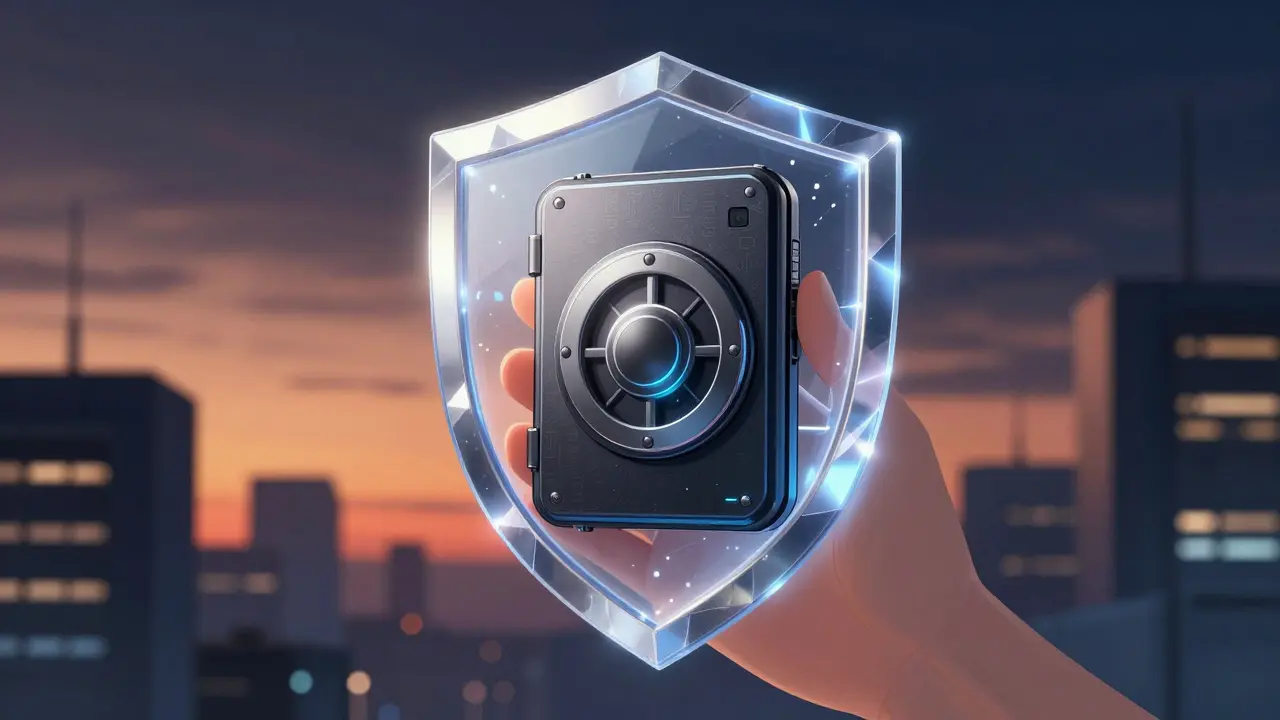 A futuristic hardware wallet protected by a digital shield in anime style