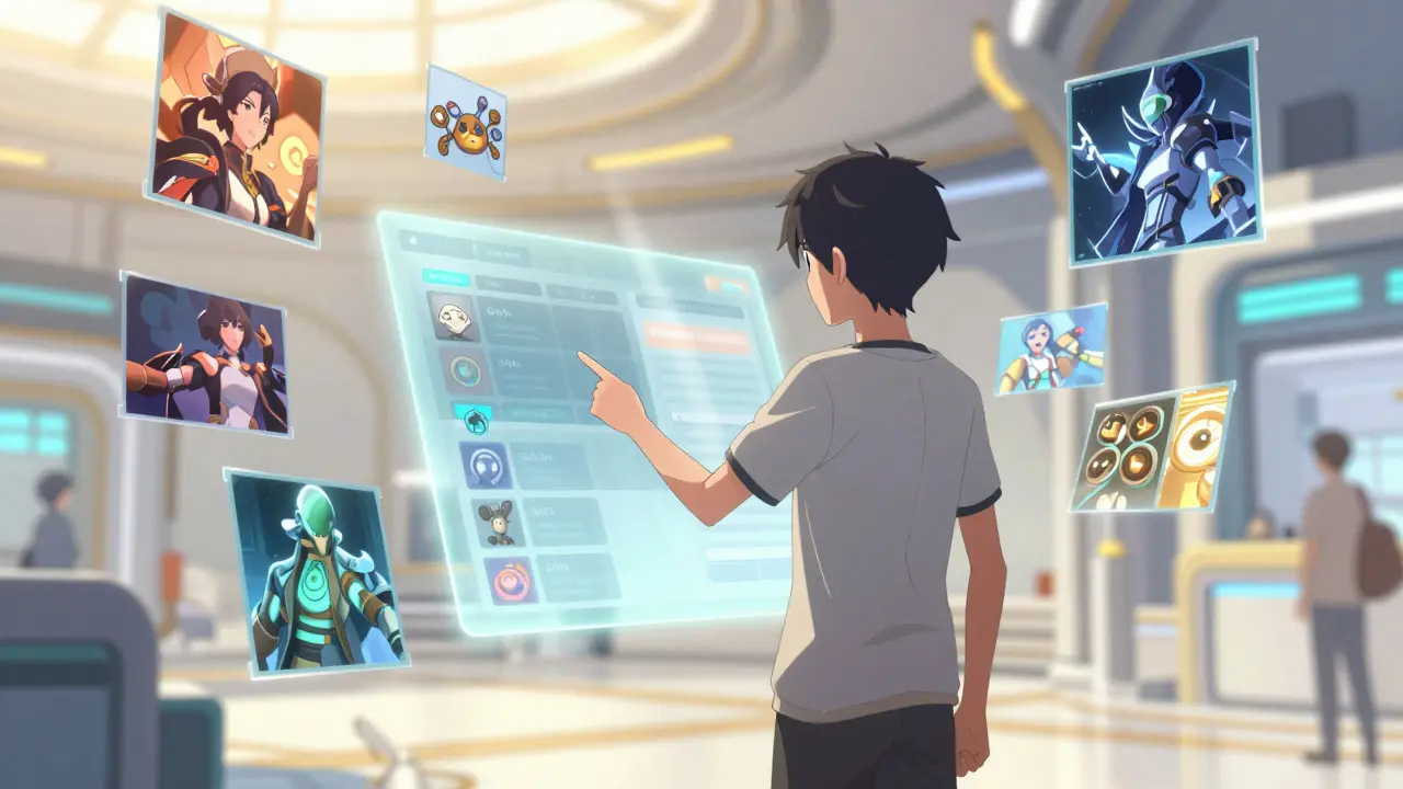 An anime character browsing a digital NFT marketplace with floating art