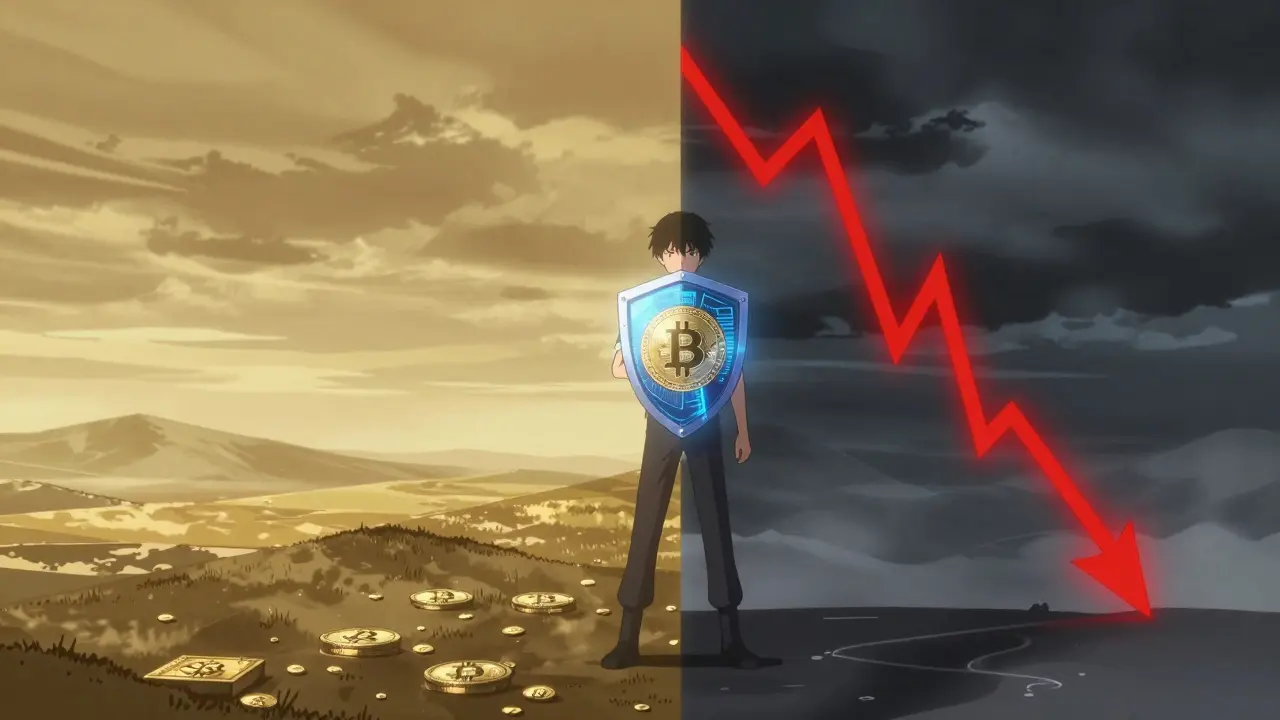 Anime artwork showing the contrast between crypto market stability and volatility with a determined character.