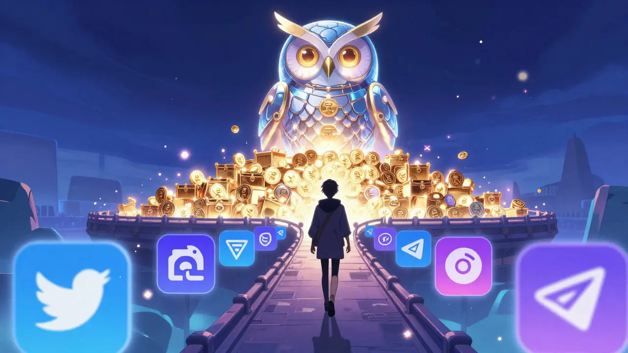 Anime character crossing a bridge of social media icons toward a glowing owl guide.
