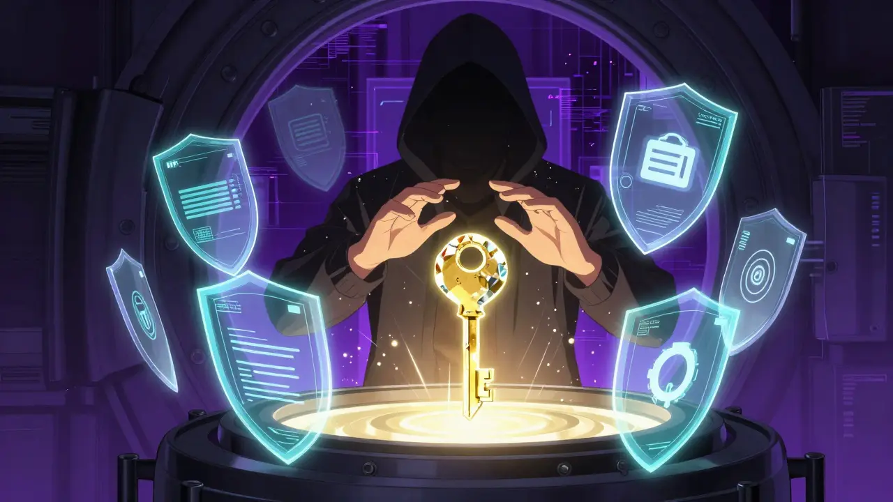 Anime character protecting a glowing digital key and wallet with holographic shields.