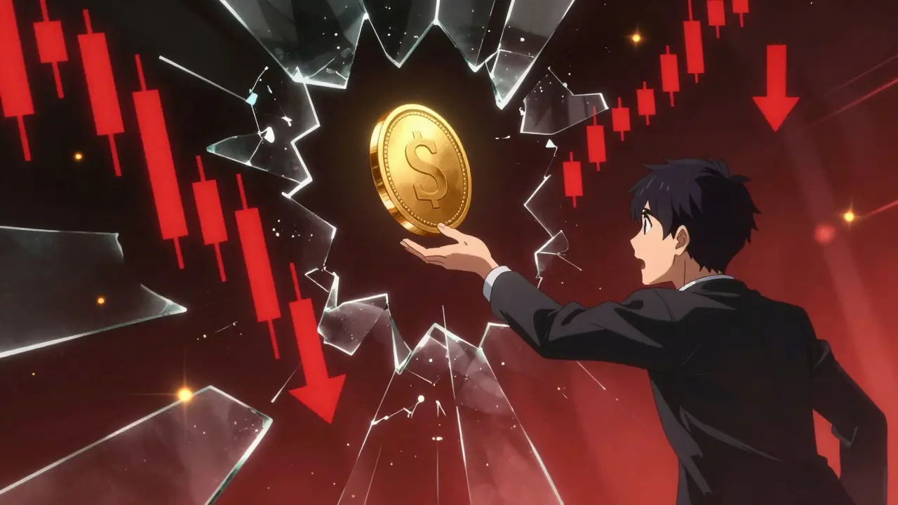 Anime character reaching for a slipping token amidst shattered red market charts.