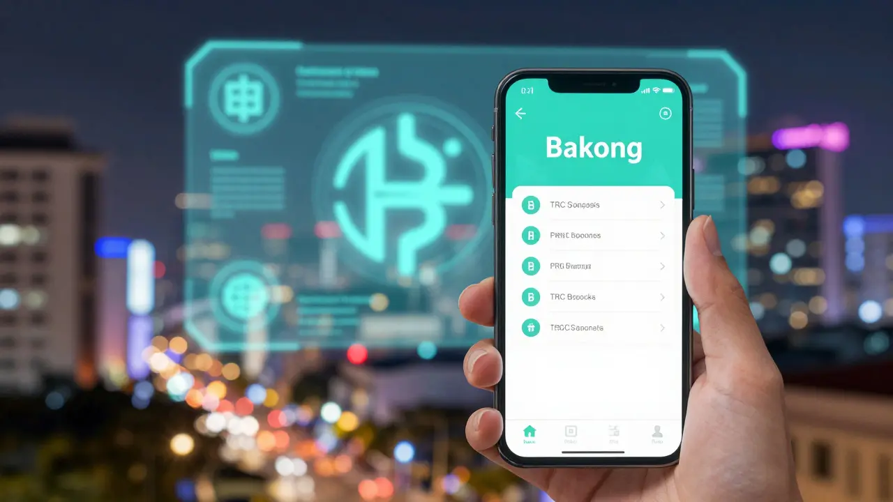 Anime close-up of a phone using the Bakong app with a digital wall blocking offshore exchanges.