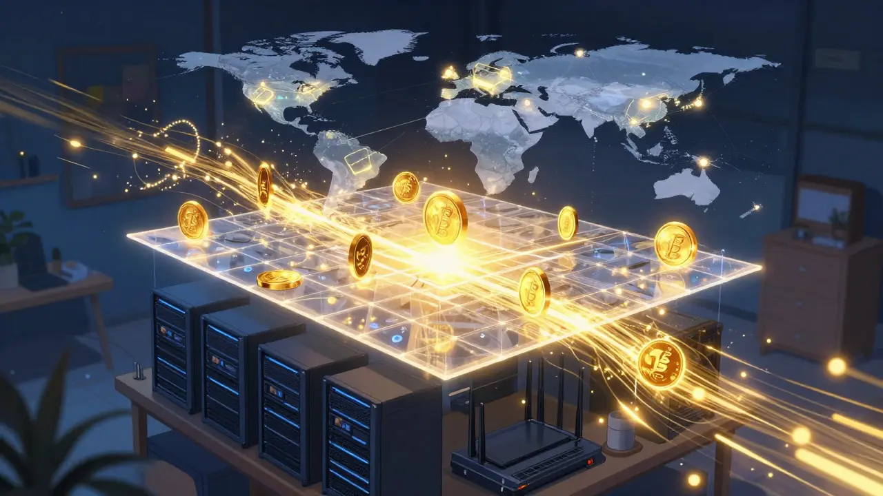 Anime concept art of physical hardware connected to a glowing blockchain layer and global network.