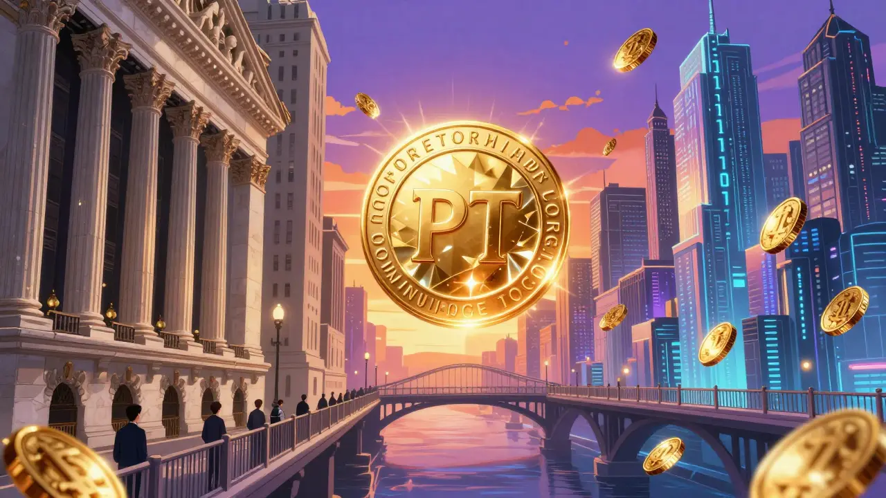 Anime concept of a bridge between traditional finance and a cyberpunk crypto city