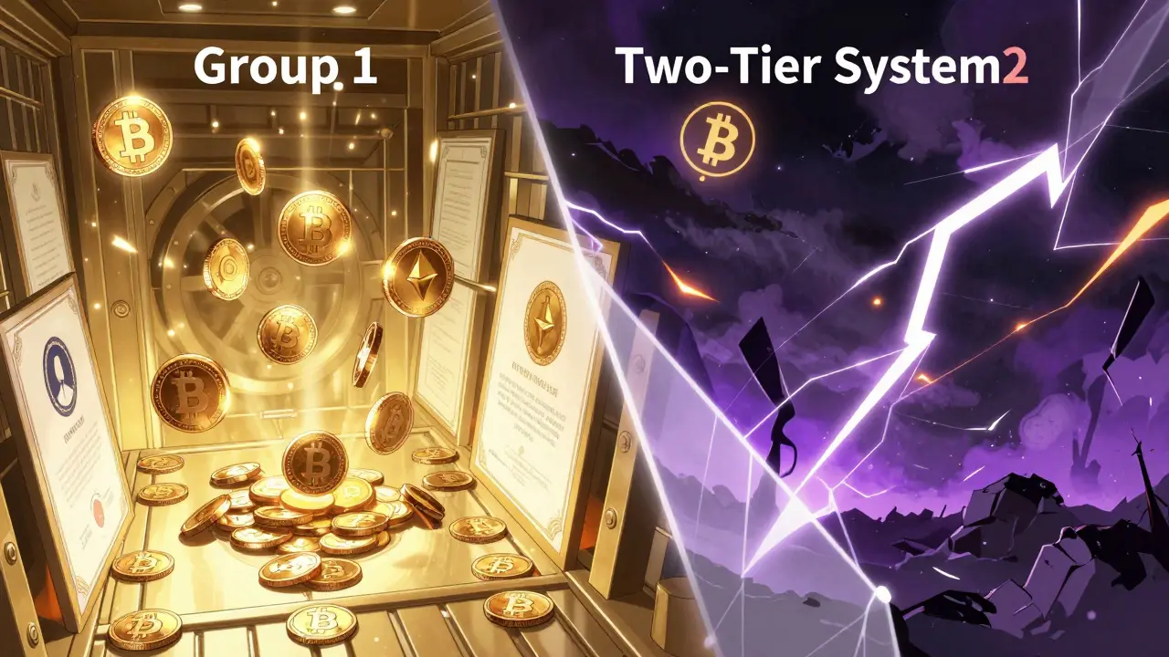 Anime conceptual split between stable Group 1 assets and volatile Group 2 cryptocurrencies.