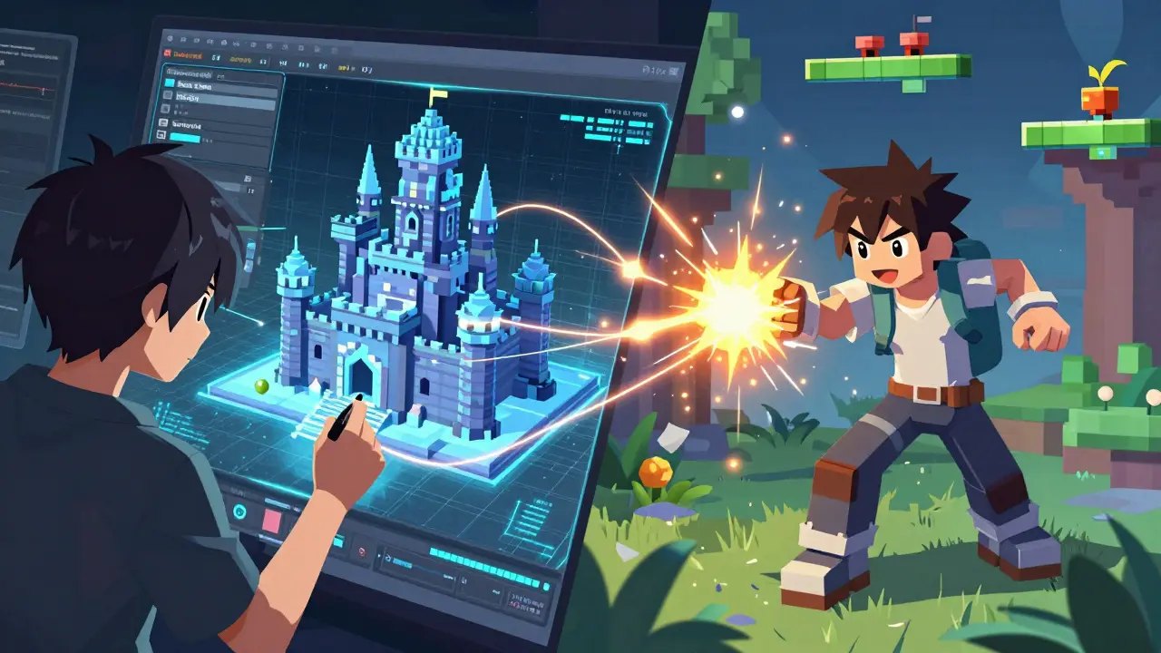 Anime creator using a holographic tool to build a voxel castle in a digital world.