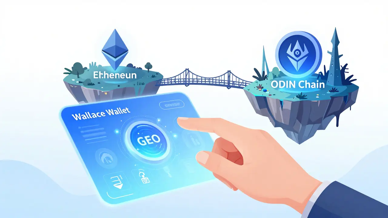 Anime depiction of a holographic wallet bridging tokens between Ethereum and ODIN Chain