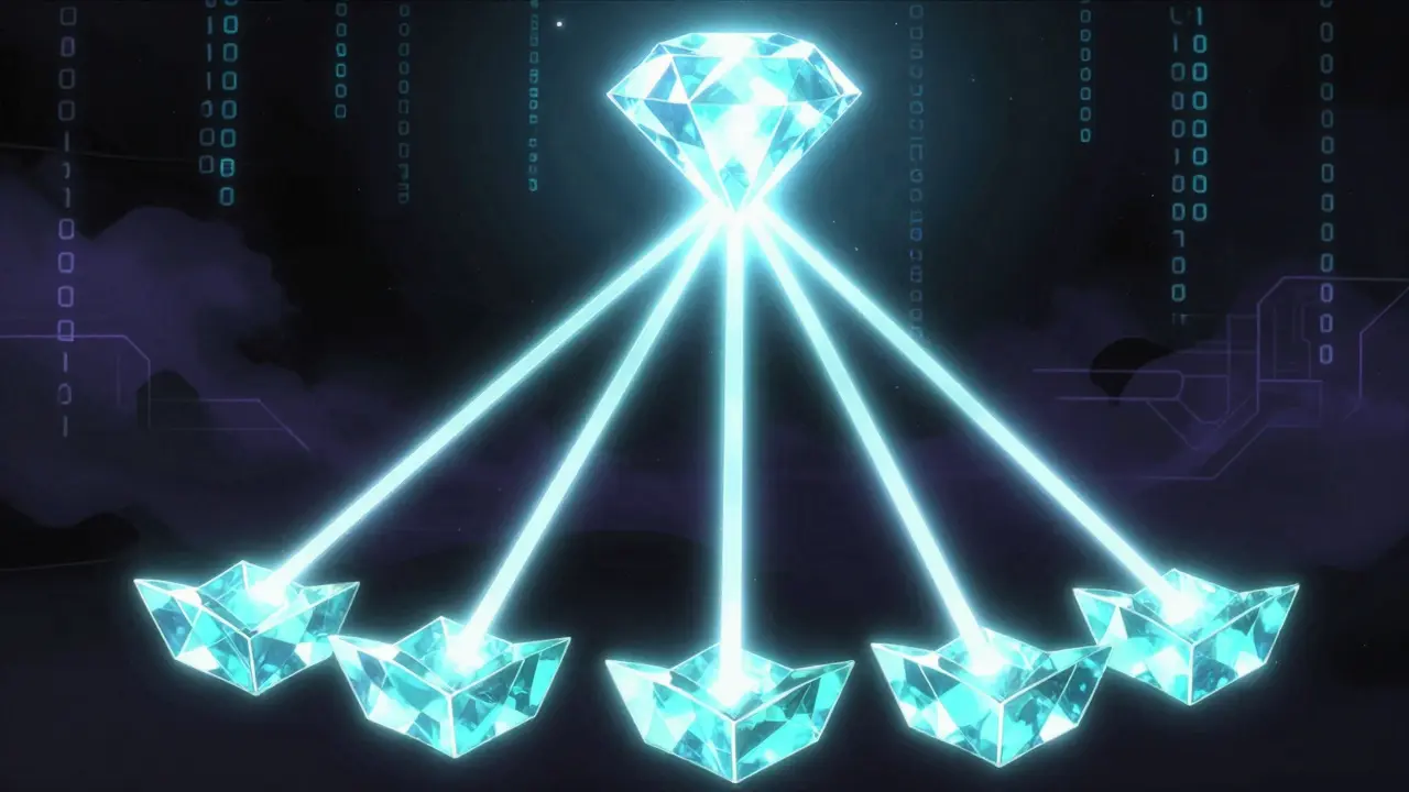 Anime depiction of a Merkle Tree as a pyramid of glowing data blocks and light beams