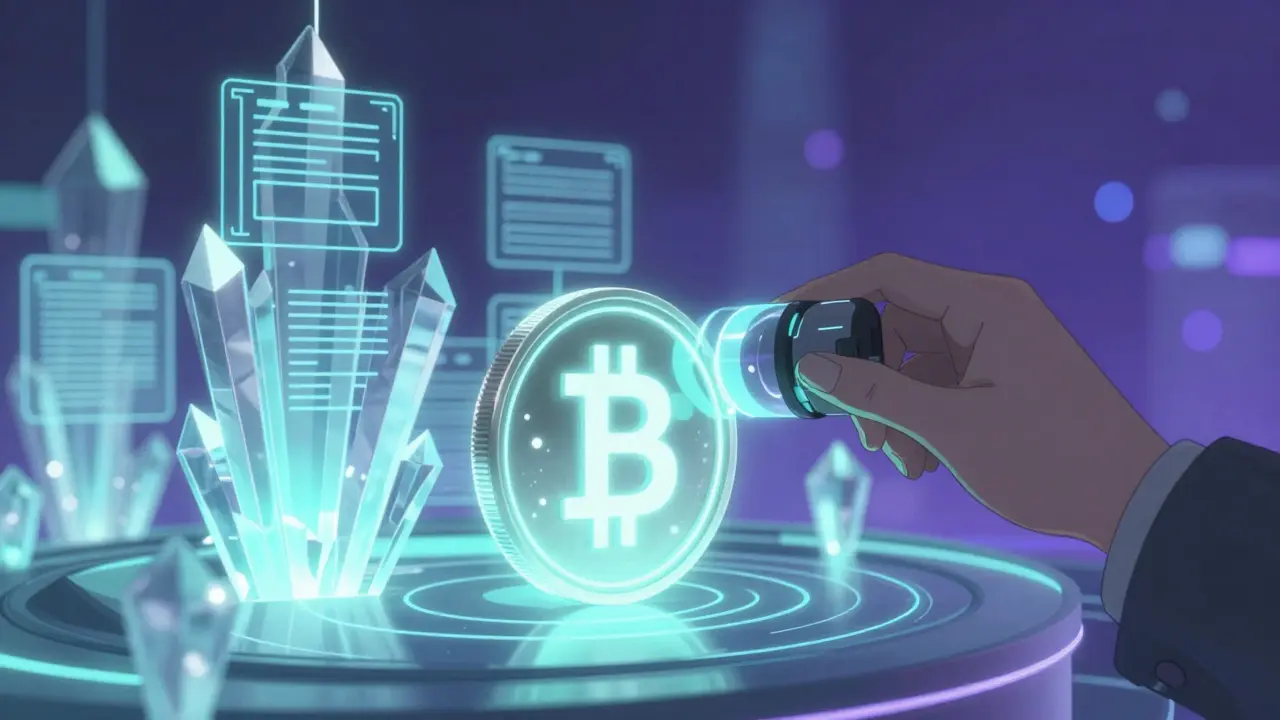 Anime depiction of futuristic smart contracts and a stablecoin being audited by a digital lens.
