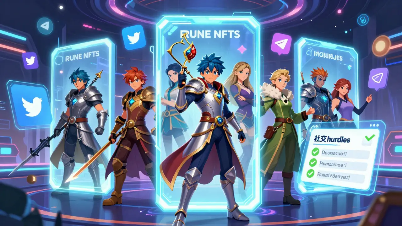 Anime fantasy heroes emerging from portals surrounded by social media icons.