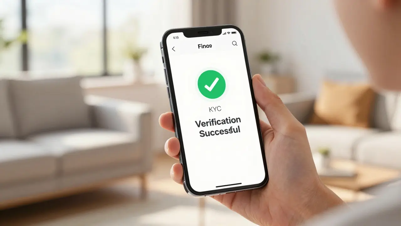 Anime hand holding a smartphone showing a successful KYC verification screen